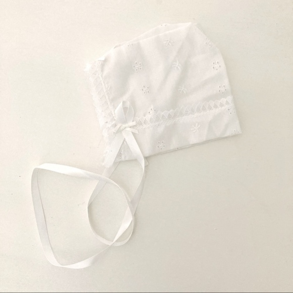 Handmade White Embroidered Lace Baby Bonnet